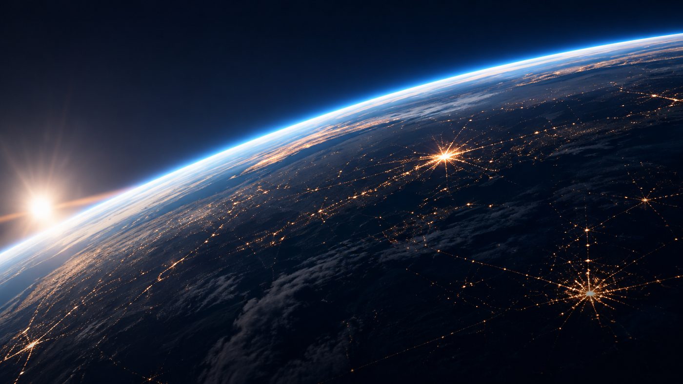 从太空俯瞰的地球夜景灯火概念图，象征企业经营