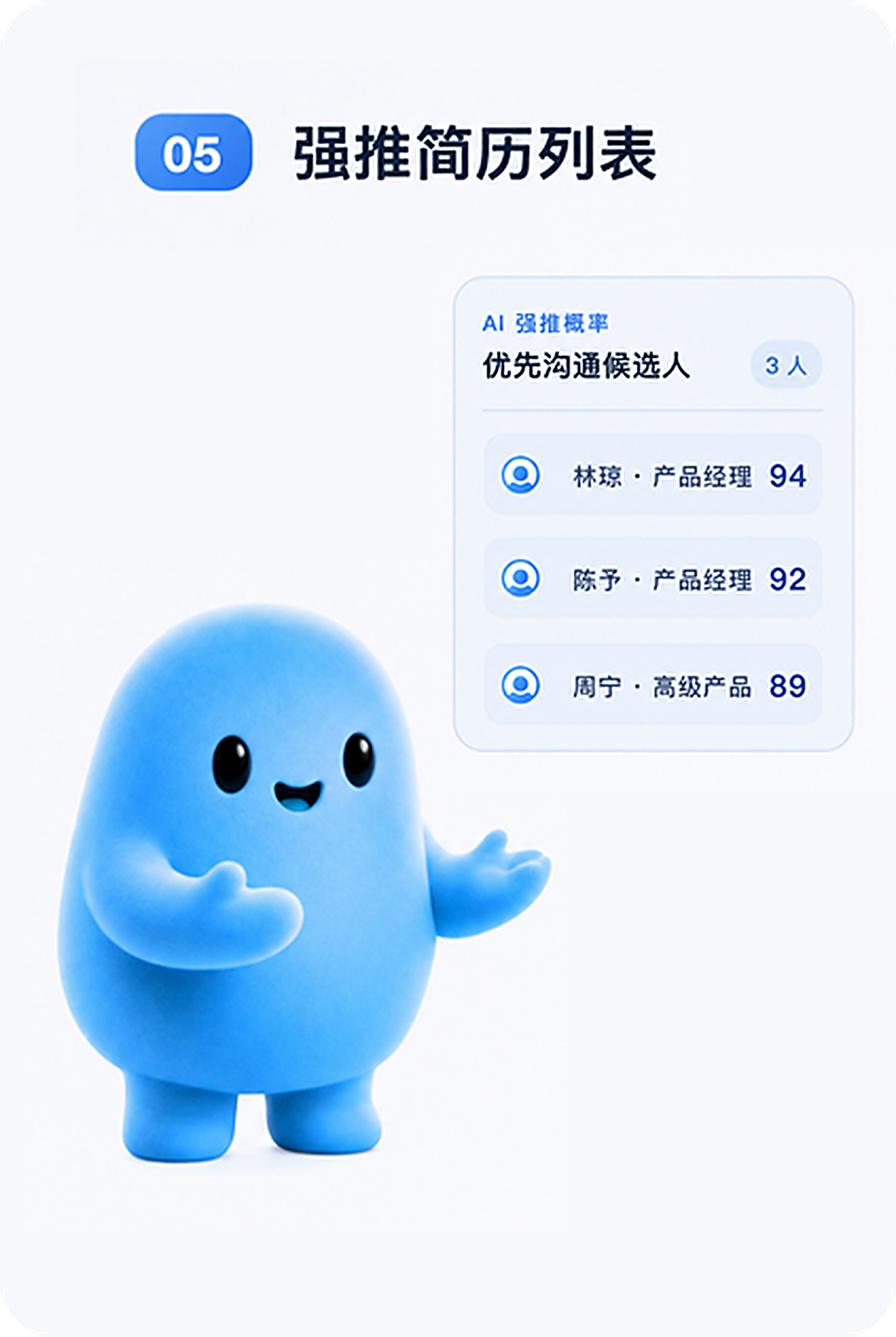 05 强推简历列表：AI 强推榜单与三位优先沟通候选人